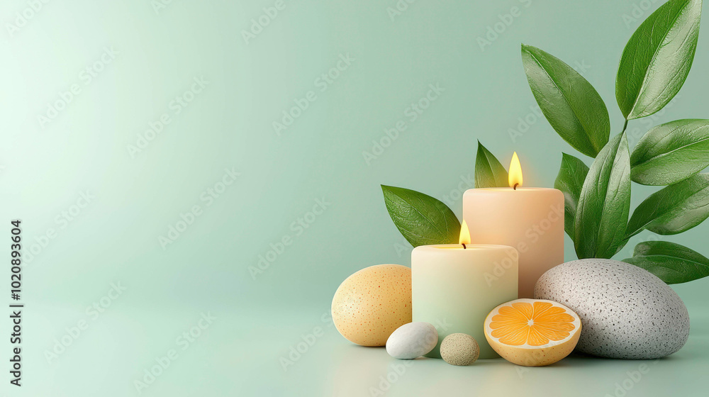 A serene aromatherapy setup featuring glowing candles, fresh citrus, and soft green leaves, creating a peaceful, nature-inspired space perfect for relaxation, wellness, and rejuvenation. A serene aromatherapy setup featuring glowing candles, fresh citrus, and soft green leaves, creating a peaceful, nature-inspired space perfect for relaxation, wellness, and rejuvenation.