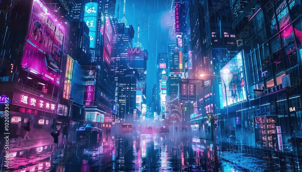 Fototapeta premium Neon-lit cityscape with rain reflecting city lights on wet pavement
