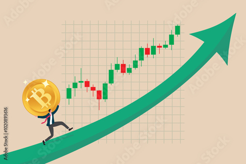 Cryptocurrency. Bitcoin. The growth of the price of cryptocurrency. A thawing trend. The green arrow shows growth. A rising chart with candles. A man is running with a large coin on his shoulders.