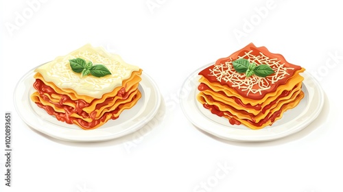 Delicious layered lasagna with cheese and tomato sauce on a white isolated background.