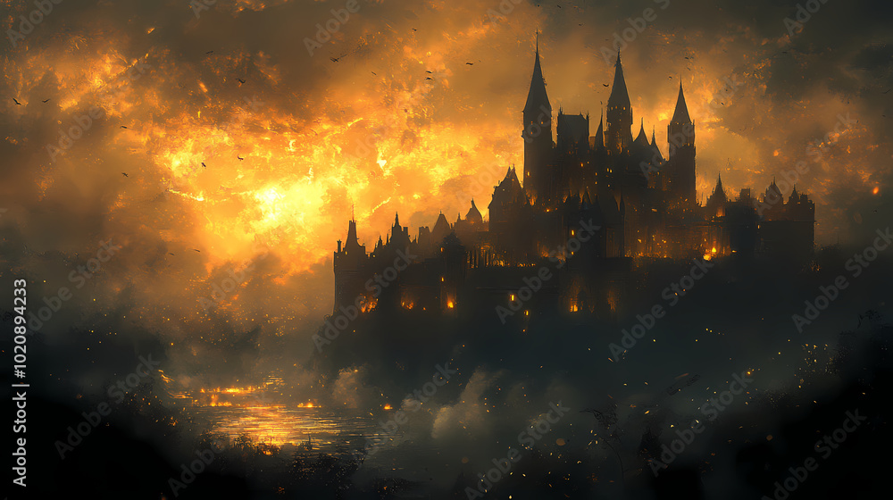 Naklejka premium Medieval fantasy castle designed by Dark Knight. Artwork in oil and digital format.