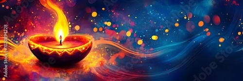 Vibrant Diwali Festival with Glowing Candle Flames and Colorful Lights photo