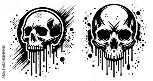 set of menacing dripping skulls, black vector illustration