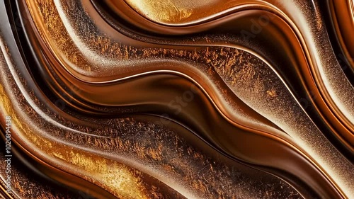 Abstract close-up of flowing brown and gold liquid, creating smooth, wave-like patterns. The image captures movement, shining with rich metallic hues and connotes luxury and fluidity in a timeless photo