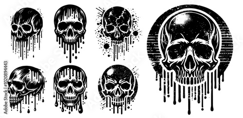 dark and eerie dripping skull designs, black vector graphics