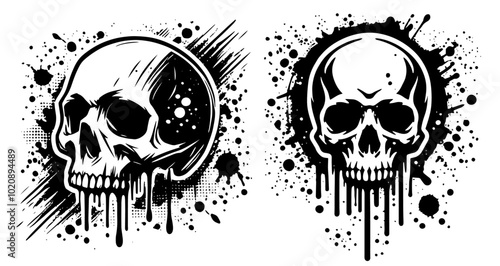 skulls with dripping paint effect, black vector collection