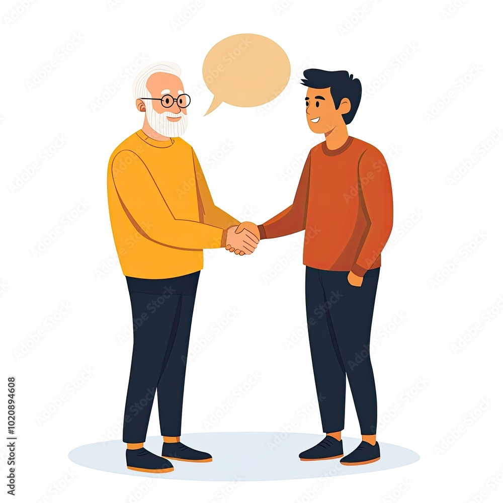 Obraz premium Two people shaking hands, conversation, communication, teamwork, dialogue, friendship, cartoon illustration, connection