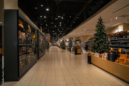 Holiday Decorations in Store: A retail store decked out with holiday decorations like Christmas trees and lights, combined with Black Friday sale signs. The festive atmosphere is combined with the exc photo