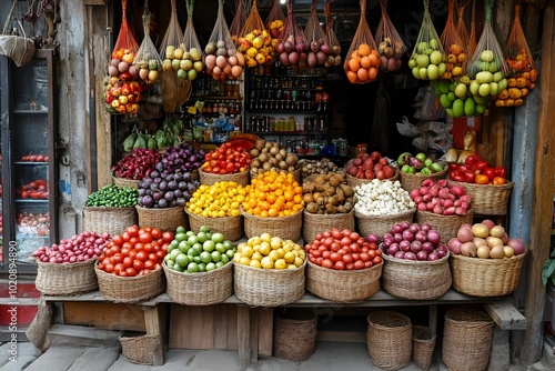 Fototapeta Naklejka Na Ścianę i Meble -  Vibrant Outdoor Food Market with Diverse Stalls Offering Colorful Produce and Spices