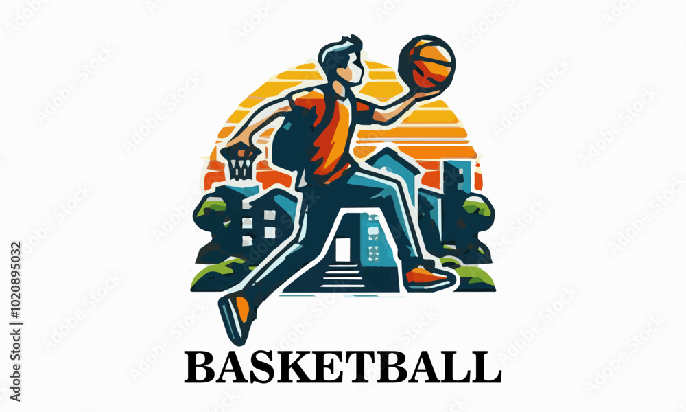 Fototapeta premium This vector illustration shows a teenage boy playing basketball. This design is very suitable for use as a poster design, t-shirt or sports promotional material