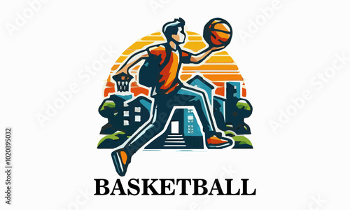 This vector illustration shows a teenage boy playing basketball. This design is very suitable for use as a poster design, t-shirt or sports promotional material