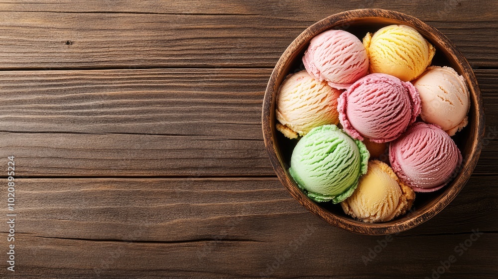 Colorful Ice Cream Scoops in Wooden Bowl Colorful Ice Cream Scoops in Wooden Bowl