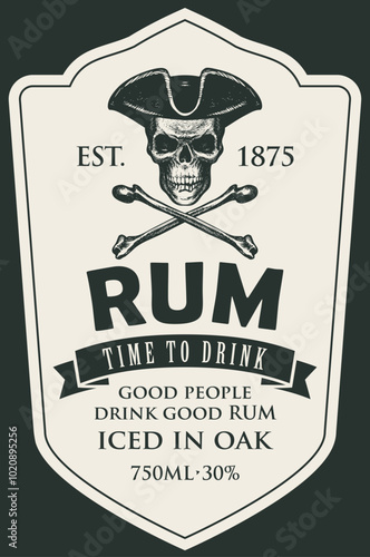 Vector label for Rum and the words Time to drink. A human skull in a pirate hat and crossbones on an old paper background in vintage style. Good people drink good rum.