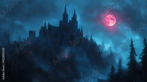 Medieval fantasy castle designed by Dark Knight. Artwork in oil and digital format.