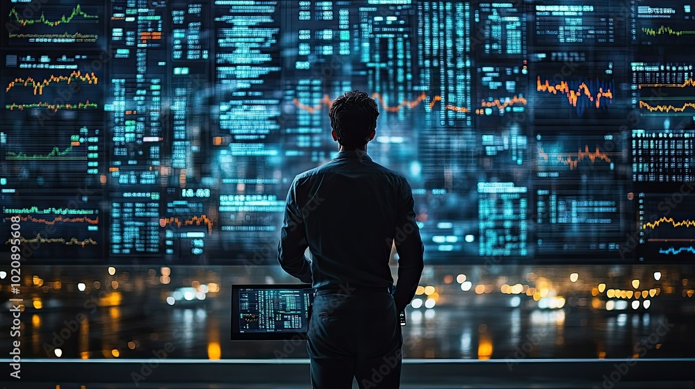 Businessman analyzing stock market charts on a large digital screen Businessman analyzing stock market charts on a large digital screen