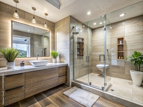 Discover a stylish bathroom shower that creates an inviting atmosphere, featuring ample space for innovative design ideas, harmonizing modern photo