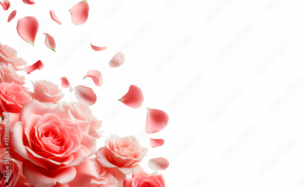 Pink rose on a gentle background, rose petals scattered in the air isolated on a white background Pink rose on a gentle background, rose petals scattered in the air isolated on a white background