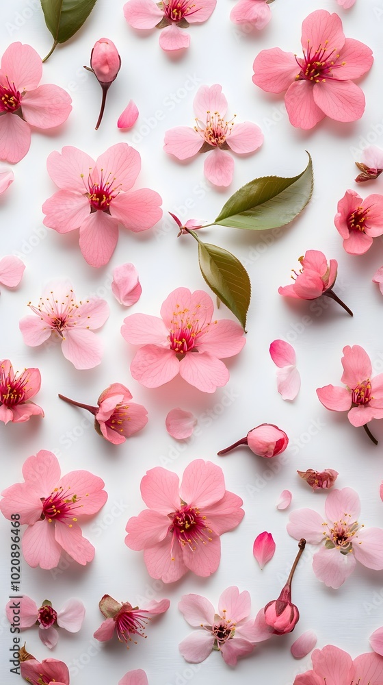 Delicate Cherry Blossom Floral Pattern with Soft Pink Petals and Green Leaves on White Background Delicate Cherry Blossom Floral Pattern with Soft Pink Petals and Green Leaves on White Background