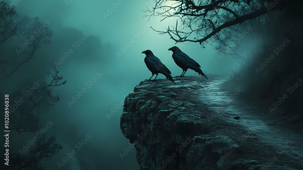 Fototapeta premium In the dead mysterious forest, there are three crows on a dead cliff road at night. This is a scary Halloween concept.