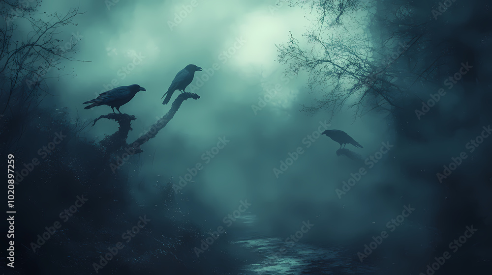 Fototapeta premium In the dead mysterious forest, there are three crows on a dead cliff road at night. This is a scary Halloween concept.