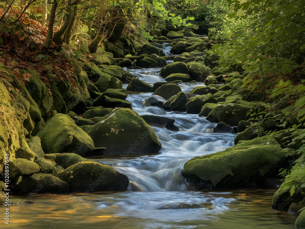 Serene Stream Flowing Through a Mossy Forest Serene Stream Flowing Through a Mossy Forest