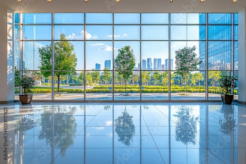 A View Through a Large Window Showing a Cityscape and Trees photo