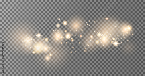 Glowing light sparkles dust bokeh with sparks and stars transparent overlay effect.Christmas Glowing element bokeh dust warm gold color effect for holiday design, cards, banner, poster.Vector