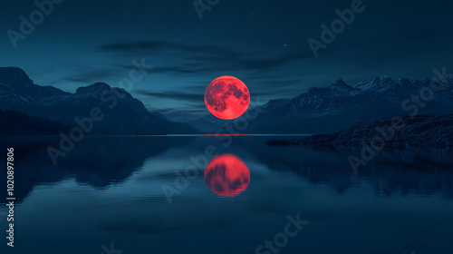 Lake with Red Moon Reflection: A serene lake landscape featuring the red moon with its reflection, designed as a 4K wallpaper.