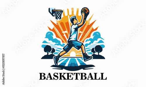 This vector illustration shows a teenage boy playing basketball. This design is very suitable for use as a poster design, t-shirt or sports promotional material