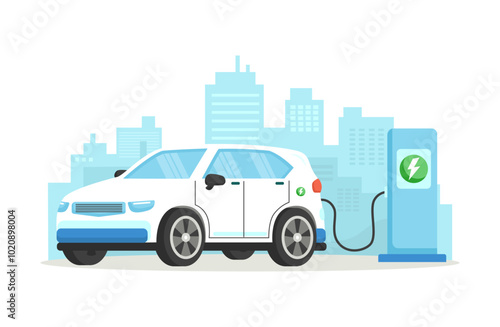Electric car charging its battery against the backdrop of the city, concept illustration for green environment, ecology, sustainability, clean air, future. Vector illustration in flat style.