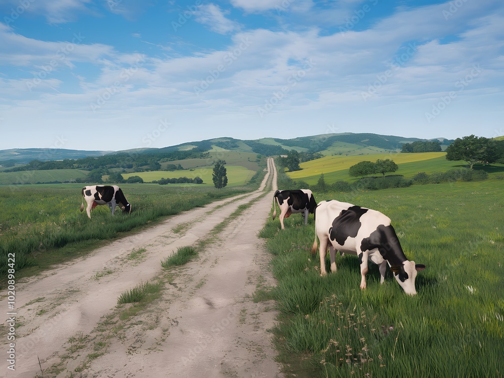 Idyllic Country Road with Grazing Cows Idyllic Country Road with Grazing Cows