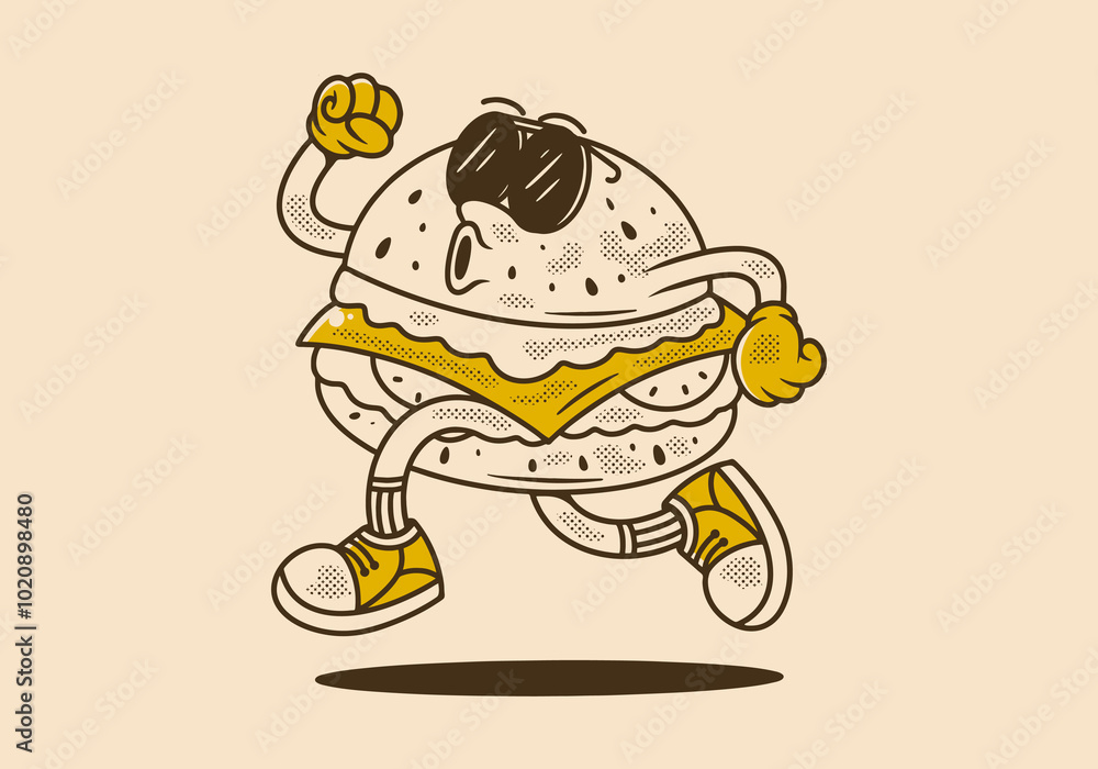 Retro mascot character illustration of jumping burger Retro mascot character illustration of jumping burger