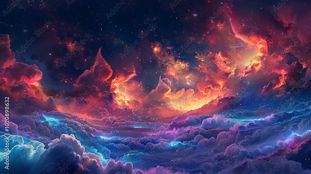 Cosmic Landscape with Red and Blue Clouds and Stars Cosmic Landscape with Red and Blue Clouds and Stars