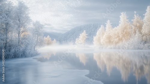 Serene Winter Wonderland: Snow-Covered Trees and Misty Lake Reflection