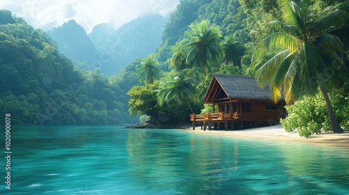 Lush tropical paradise, serene beach vibes, dreamy island escape, peaceful cabin retreat, stunning scenic vacation joy