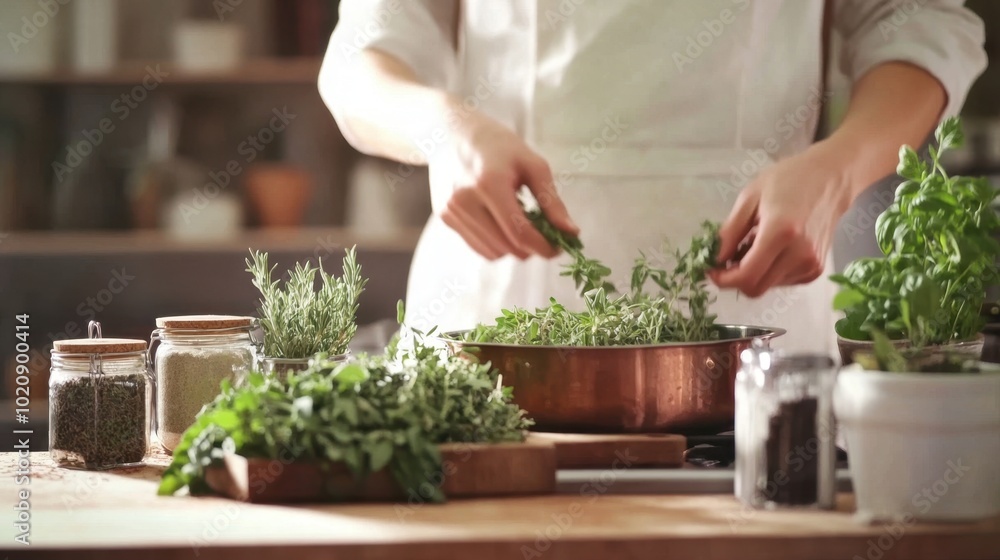Fresh Herb Preparation in Rustic Home Kitchen Setting Fresh Herb Preparation in Rustic Home Kitchen Setting