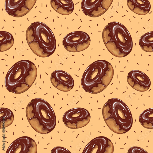 Seamless pattern with glazed chocolate donuts. Desserts, sweet food. Vector illustration for wrapping paper, scrapbooking, backdrop, print and web.