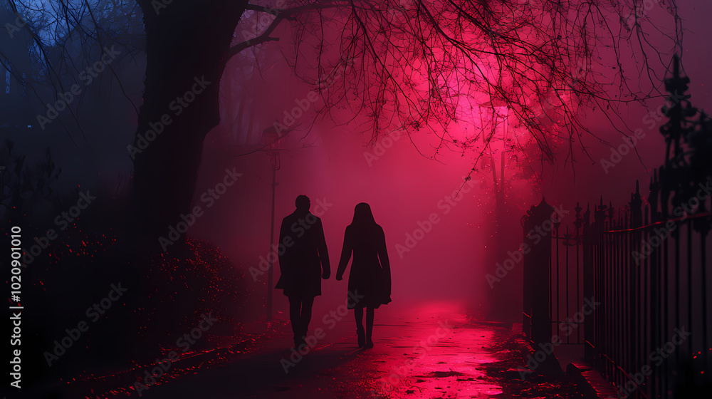 Mysterious Creatures of the Night in Soft Crimson Light - Wide Shot of Enigmatic Surreal Vampires Mysterious Creatures of the Night in Soft Crimson Light - Wide Shot of Enigmatic Surreal Vampires