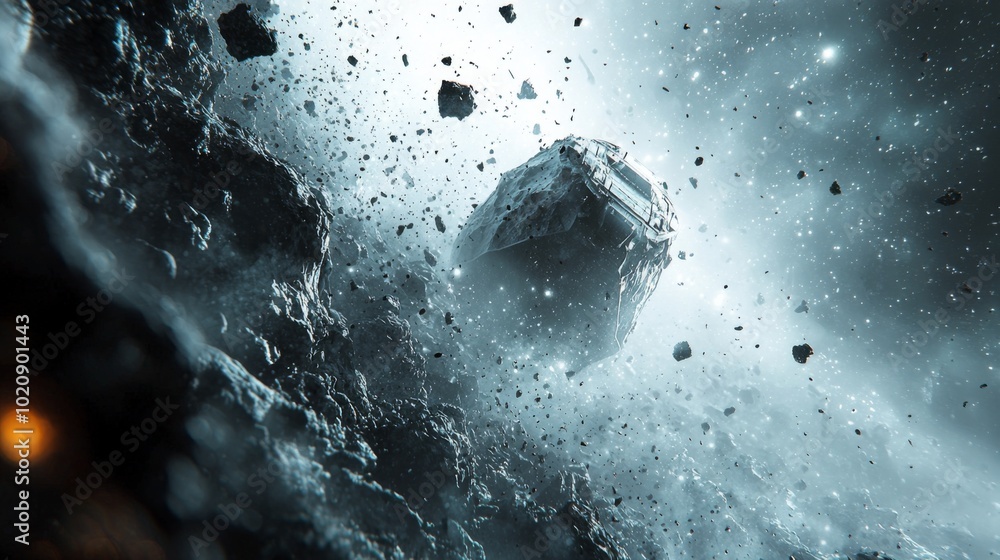A spaceship flying through a dense asteroid bel A spaceship flying through a dense asteroid bel