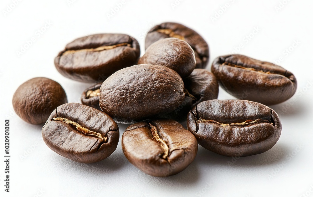Freshly roasted coffee beans stacked together on a white surface showcasing their deep brown color and unique texture Freshly roasted coffee beans stacked together on a white surface showcasing their deep brown color and unique texture