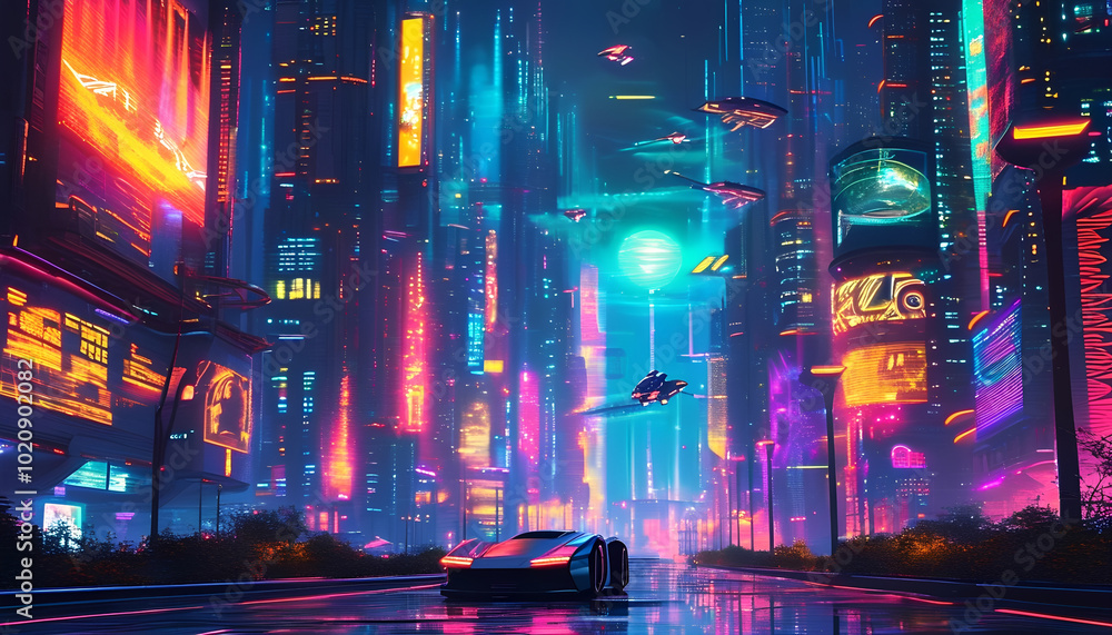 A futuristic cityscape illuminated by vibrant neon lights, with a sleek car driving through the streets A futuristic cityscape illuminated by vibrant neon lights, with a sleek car driving through the streets