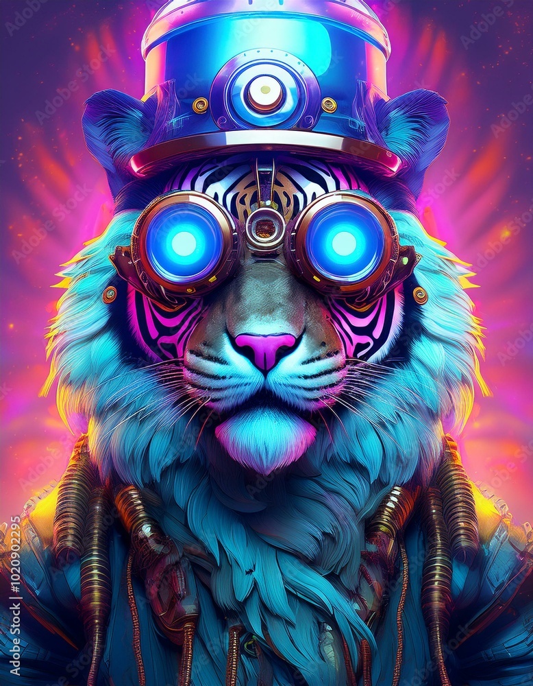 Fototapeta premium Cyberpunk tiger with huge glasses and futuristic steampunk hat in sci-fi dystopia style, high contrast, hyper realistic, fantasy, bright colors, neon, purple, pink, blue