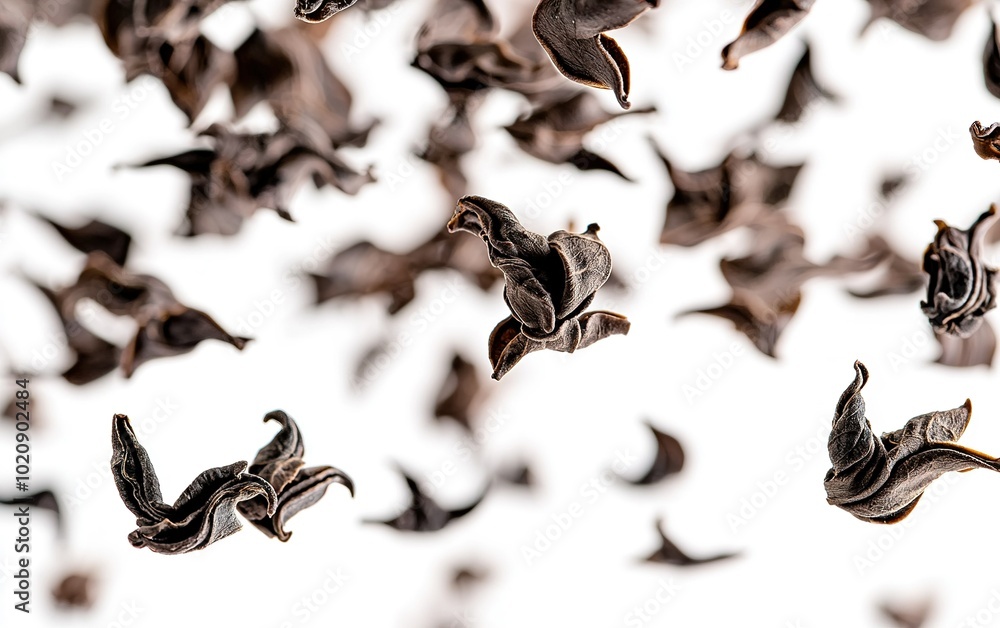 Fototapeta premium Floating black tea leaves in mid-air against a white background, showcasing their delicate and curled forms