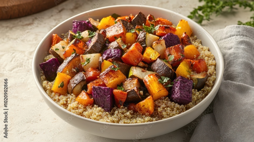 Fototapeta premium Colorful Roasted Vegetable Quinoa Bowl on Rustic Tabletop