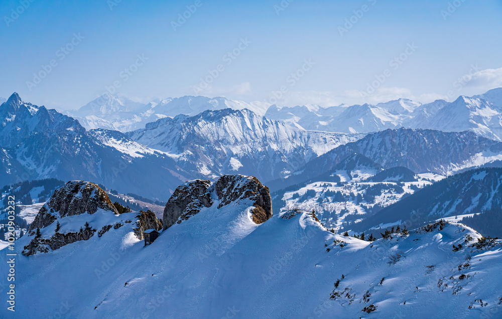 View on winter mpuntains from Rochers-de-Naye peak, Montreux, Alps.
