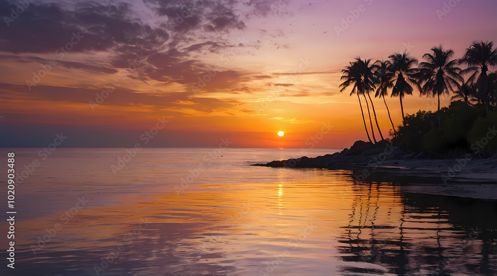 Tropical Sunset with Palm Trees Reflected on Calm Ocean Waters Tropical Sunset with Palm Trees Reflected on Calm Ocean Waters