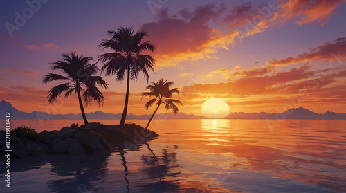 Tropical Sunset with Palm Trees Reflected on Calm Ocean Waters