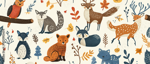 Cute Woodland Animals Seamless Pattern Design