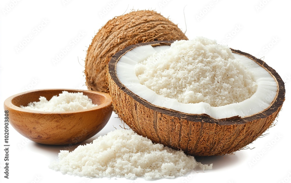 Freshly grated coconut placed in a wooden bowl with coconut shells and shredded flakes on a white background Freshly grated coconut placed in a wooden bowl with coconut shells and shredded flakes on a white background