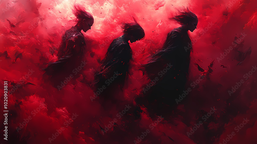 Mysterious Creatures of the Night in Soft Crimson Light - Wide Shot of Enigmatic Surreal Vampires Mysterious Creatures of the Night in Soft Crimson Light - Wide Shot of Enigmatic Surreal Vampires
